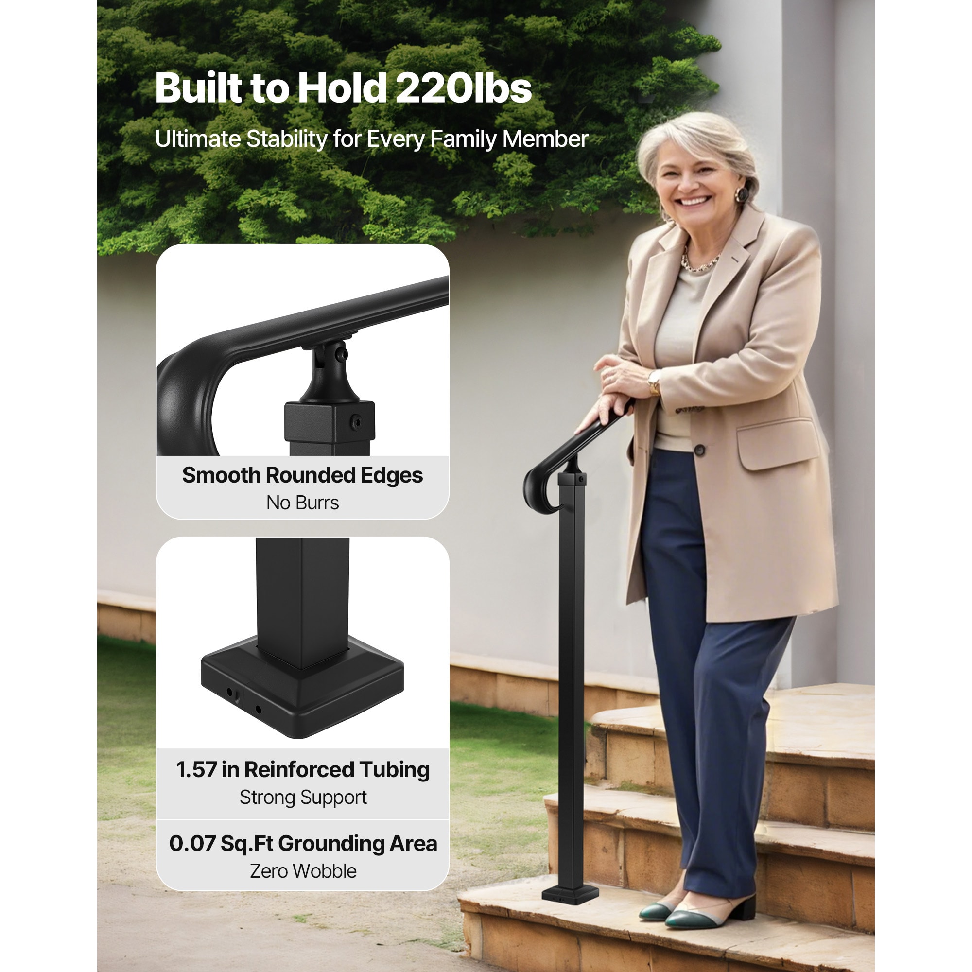 Outdoor Handrail For Steps Adjustable Carbon Steel Matte Black_voghion.com